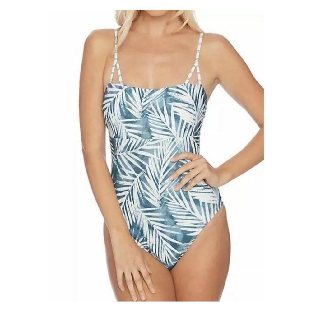 Splendid Stormy Story Lace Up One Piece Swimsuit Palm Tree Blue White Color Sz S